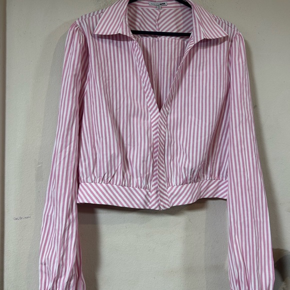 Fashion Nova Pink Pinstripe Crop Top, Long Sleeve, Plunge Neckline Size 3XL - Picture 3 of 6